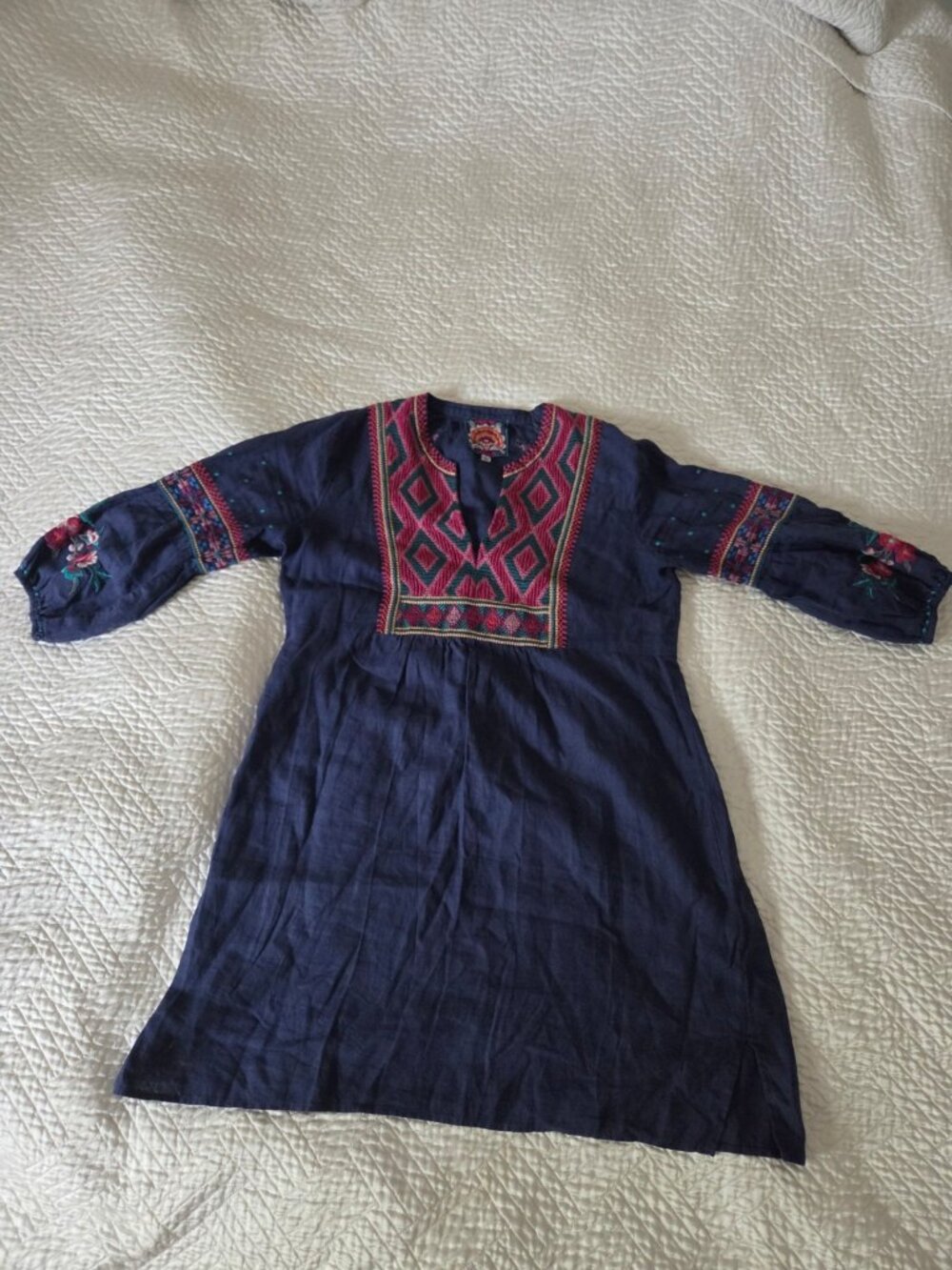 Johnny Was Annaliese Navy Linen Embroidered Bishop Sleeve Dress S - Picture 2 of 8